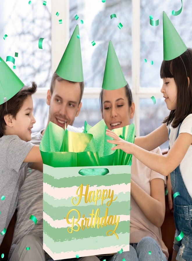 Woosytoo Sage Green Birthday Gift Bag Large Happy Birthday Gift Bag with Greeting Card and Tissue Paper Sage Green Striped Watercolor Wrapping Paper Bags for Girls Women Bday Baby Shower Party Decor - Image 3